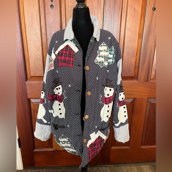 VTG Patch Magic Quilted Holiday Christmas Snowman Reversible Plaid Jacket Large - Picture 1 of 12